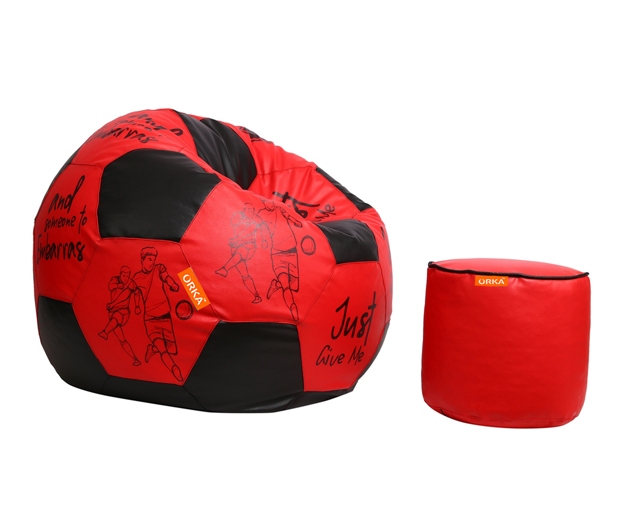 Orka Digital Printed XXXL Foorball With Mathching Footstool Filled Bean Bag With Beans (FB15 Red,Black) view 2